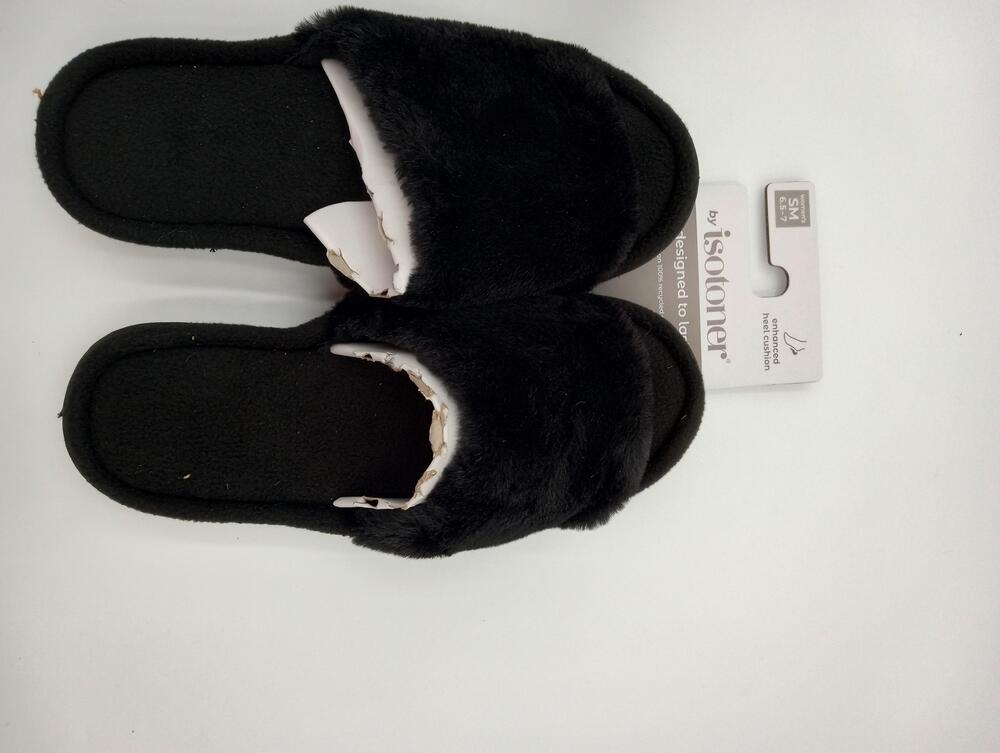 Isotoner Slippers Womens Black Fuzzy Slide Heel Cushion House Shoes Size 6.5